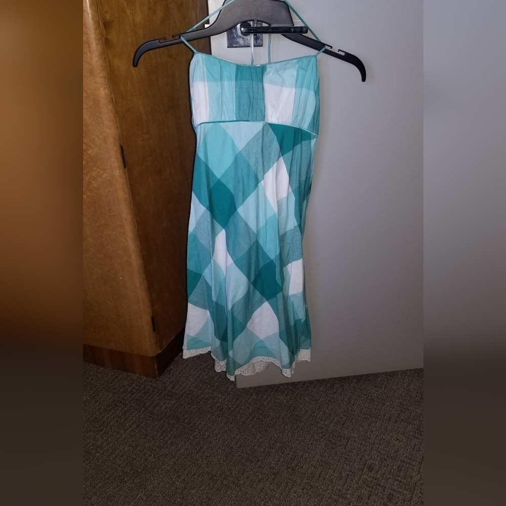 Charlotte Russe Women's teal/white plaid strapless dress with eyelet trim size M